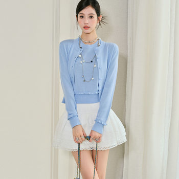 2025 New Autum French Lace Slim Short Single-Breasted Knitwear Cardigan + Vest Two-Piece Set