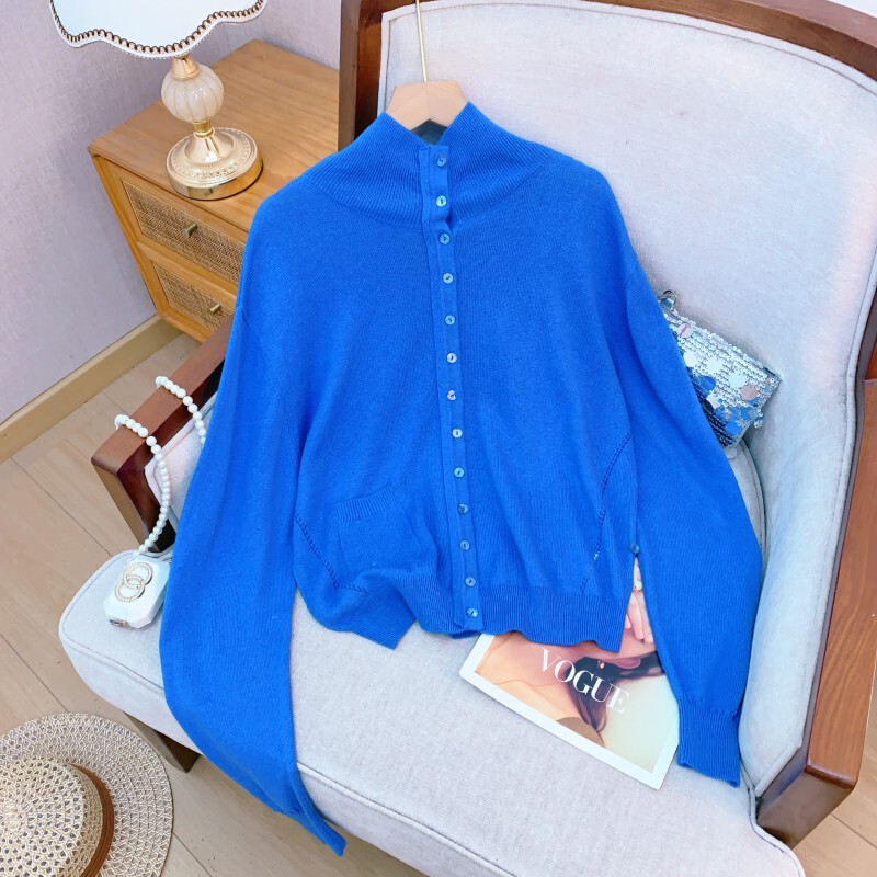 Áo cardigan nữ cổ đứng dáng rộng vai trễ có túi cài nút một hàng — Màu xanh dương