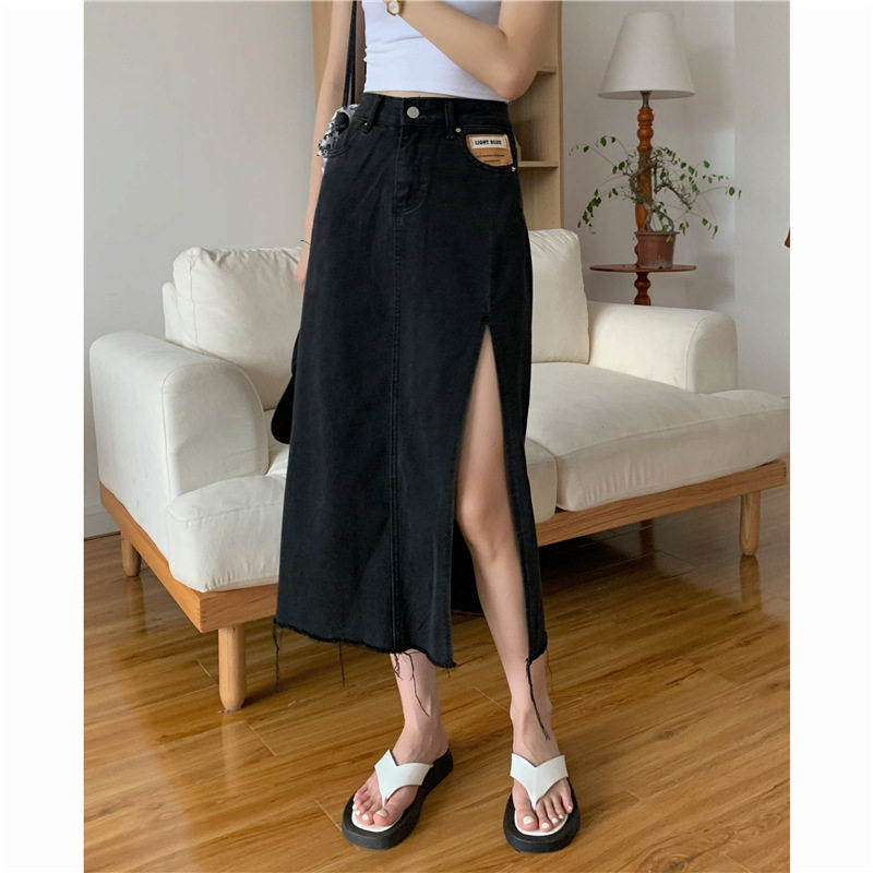 Vintage High Slit Denim Skirt Elegant Style Patchwork Design Summer Fashion Womens Casual Wear Wholesale Available