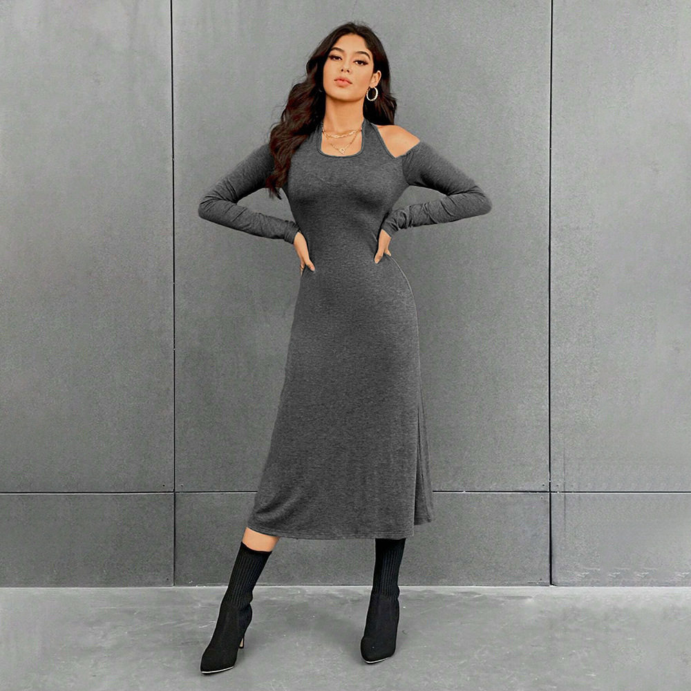 Fashionable Womens High Waist Solid Color Midi Dress Simple Design Halter Neck Slim Fit Autumn Winter Wear