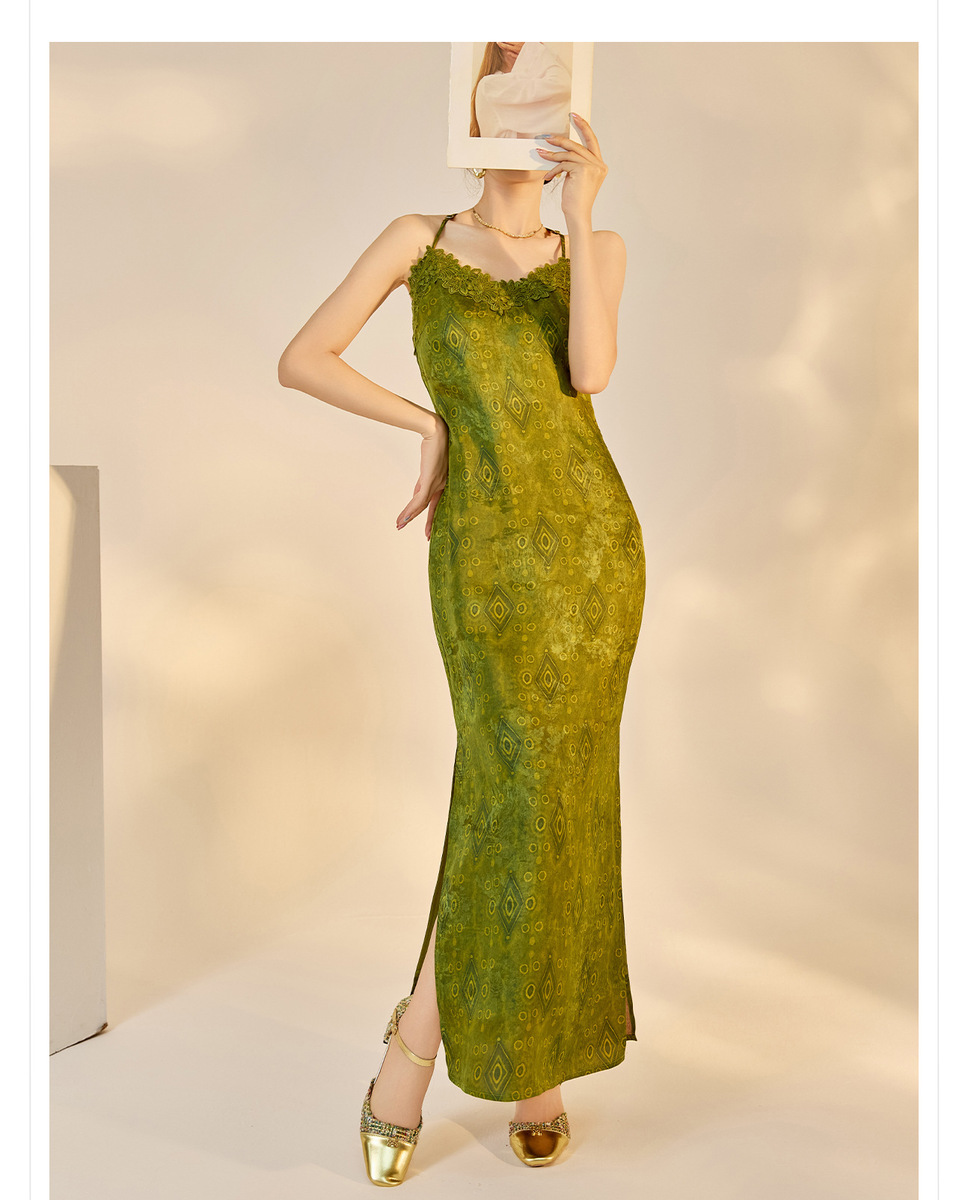 Đầm dài ren ôm body nữ cổ chữ V quyến rũ — Màu đen cao cấp, Màu trà Matcha, mơ