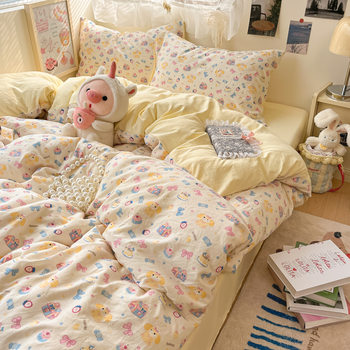 Category a Maternal and Infant Grade Four-Piece Set of Four-Season Bedding Washed Cotton Quilt Cover Student Three-Piece 4-Piece Fitted Sheet Set
