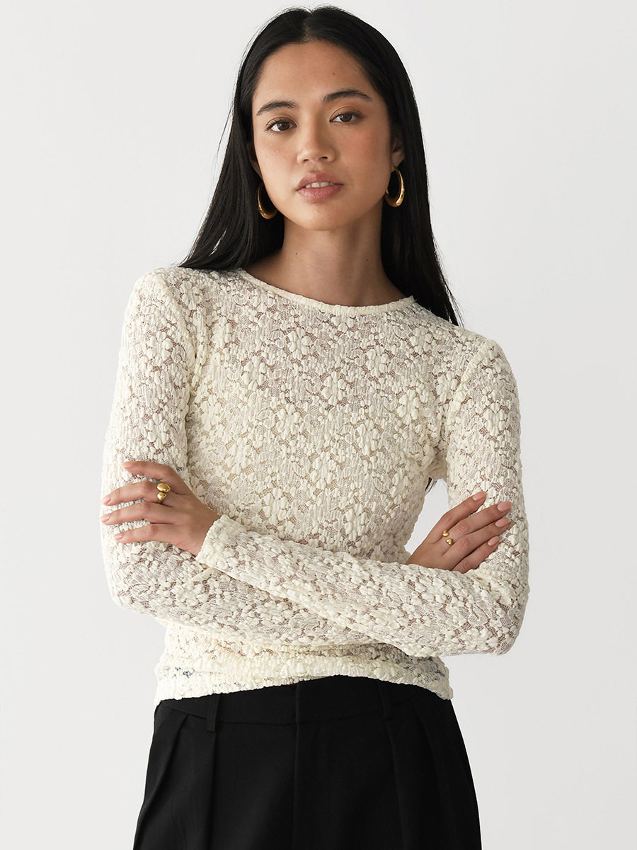 Lace Hollow Out Top Pearl Button Split Design Fitted Bell Sleeve Elegant Casual Wear for Women Wholesale Available