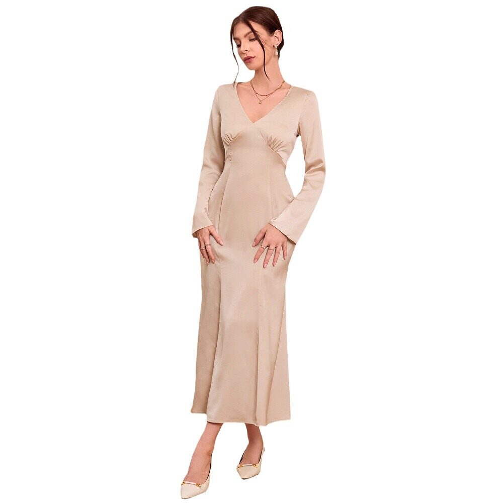 French V Neck Satin Maxi Dress High Waist Slim Fit Elegant Style Perfect for Autumn and Winter Wholesale Available
