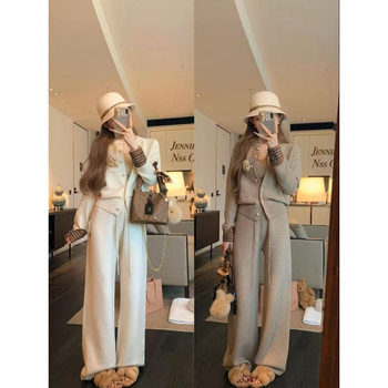 Casual and Stylish Two-Piece Set for Women: Slimming Versatile Long-Sleeve Cardigan and High-Waisted Drapey Wide-Leg Pants for a Lazy Commute Look