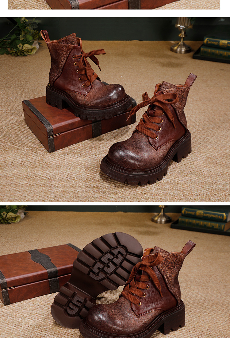 Boot Martin nữ cổ ngắn da bò thật, gót cao 6-8cm, khóa kéo bên hông — màu cà phê