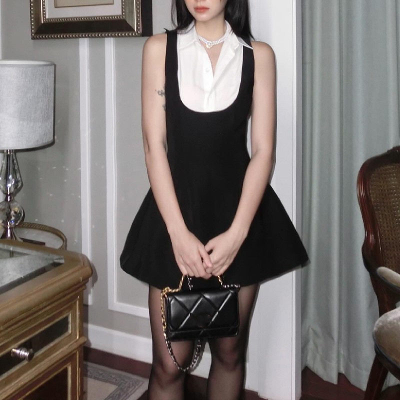 Womens Color Block Sleeveless Dress Sweet Style Collared Design Slim Fit Perfect for Autumn and Winter OEM