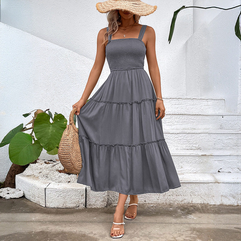 Casual Summer Dress Solid Color Adjustable Straps Waist Tie Design Beach Vacation Essential Wholesale Available