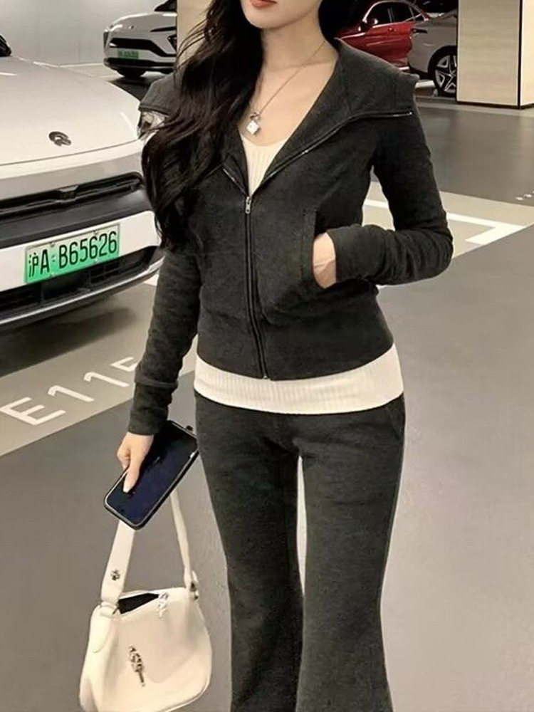 早秋独特超好看灰色条纹套装女巨好看的两件套卫衣外套裤子套装