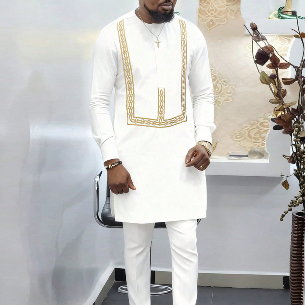 传统外贸非洲风格男士结婚新西装2件套圆领长袖上衣加裤子外贸