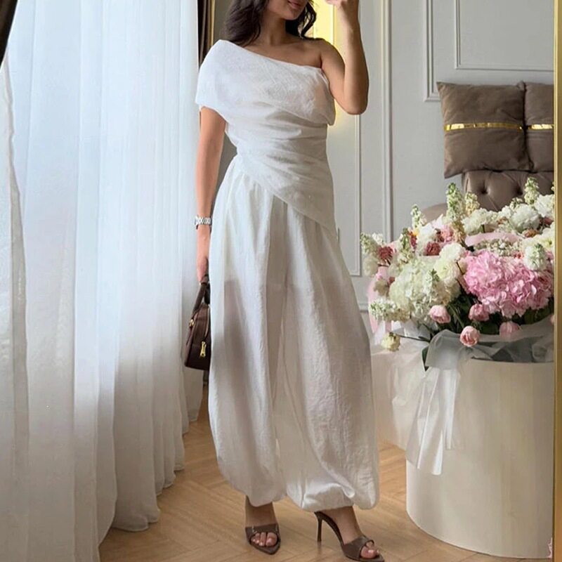 Womens Summer Two Piece Set Solid Color Asymmetrical Shoulder Casual Style Perfect for Work or Leisure Wholesale