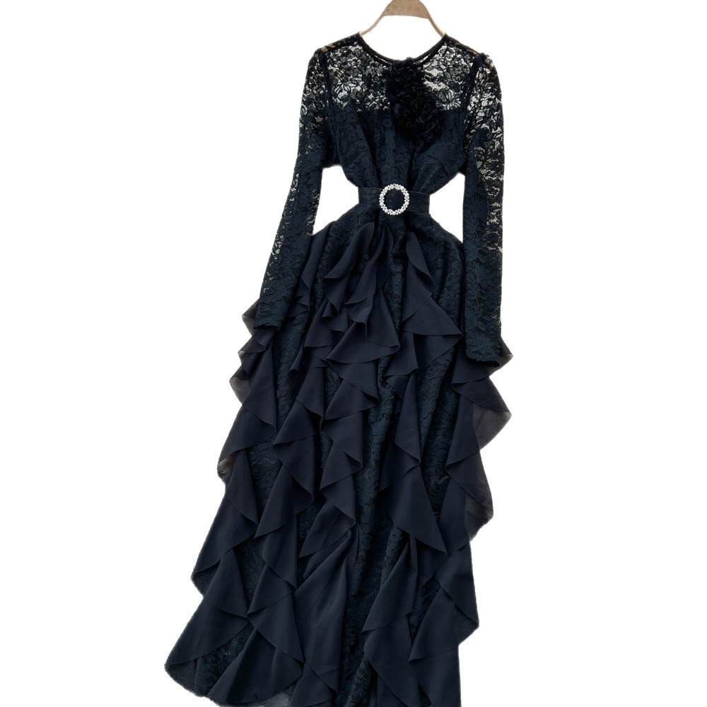 Elegant Long Sleeve Lace Dress with 3D Floral Design and Ruffle Trim Chic and Luxurious Evening Gown for Special Occasions