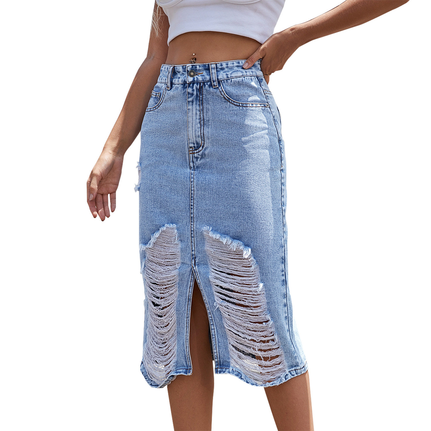 High Waisted Distressed Denim Skirt Vintage Style Slim Fit Unique Design Casual Wear Summer Fashion Wholesale