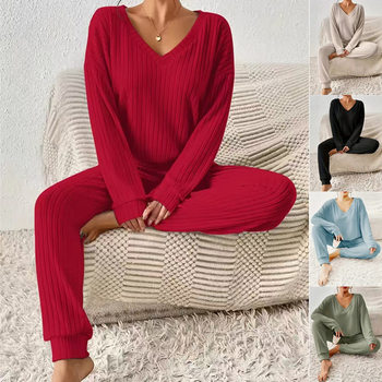 2025 New Solid Color Fashionable and Unique Long-Sleeve Suit V-Neck Loose Casual Suit Women's Top and Pants Two-Piece Set