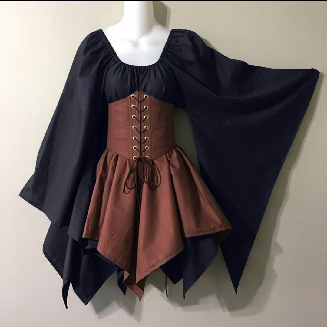 Renaissance Style Long Sleeve Dress Bell Sleeves Patchwork Design Elegant Fabric Perfect for Events and Gatherings