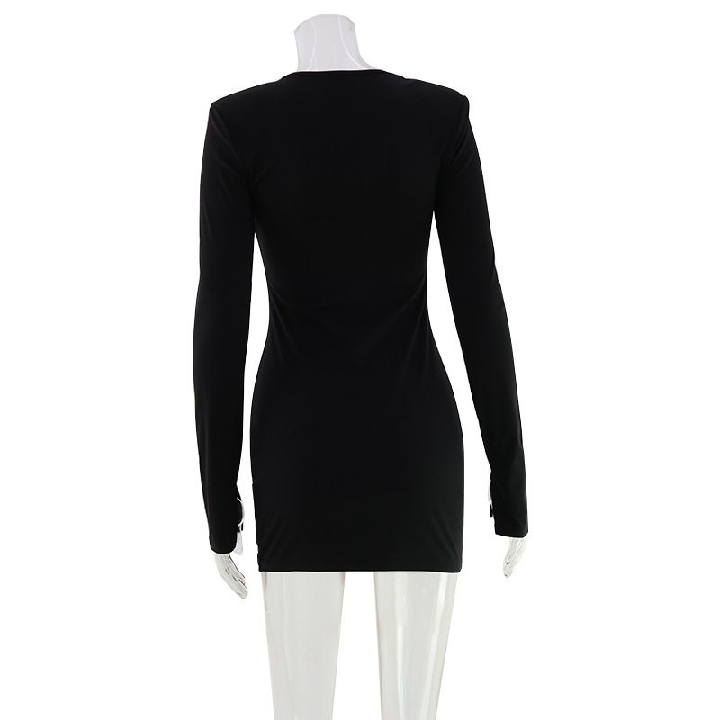 Bodycon Dress Sexy Deep V Neck Hollow Out Solid Color Shoulder Pads Nightclub Outfit Wholesale Available