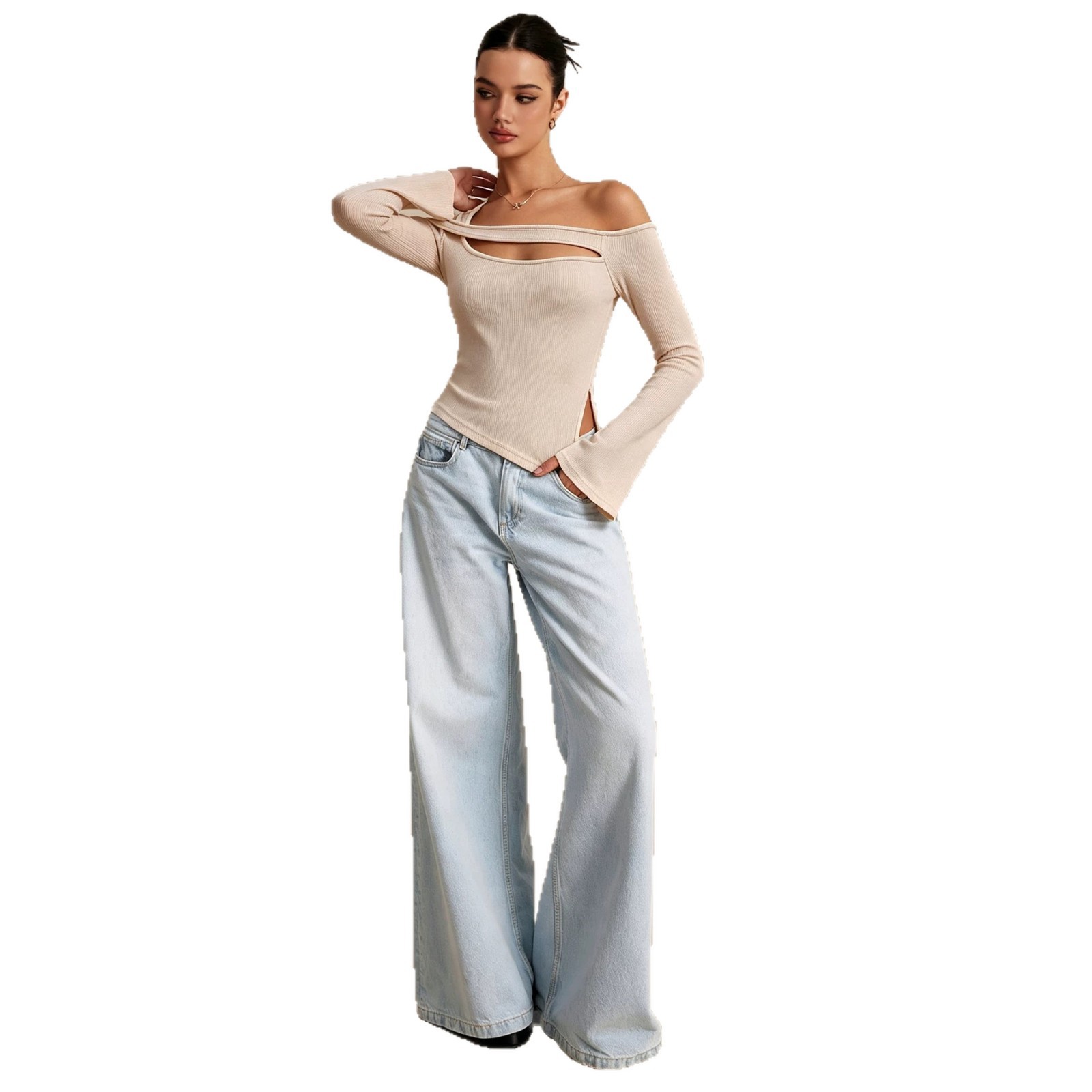 Off Shoulder Hollow Out Knit Top Bell Sleeves Side Slit Slim Fit Autumn Winter Fashion Wholesale Available