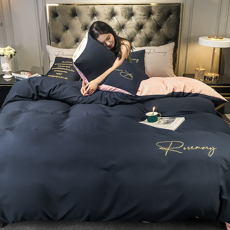 Wholesale new luxury solid color sanding four-piece student dormitory wedding bedding cotton embroidery quilt cover