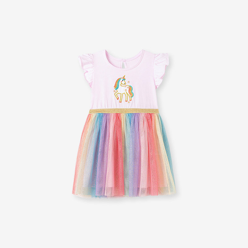 Custom-made Cartoon Tulle Girls' Skirt, Summer Short-sleeve Dress, Cotton Applique Kids' Dress