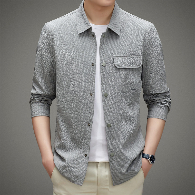 Áo Khoác Sơ Mi Nam Mỏng Dáng Ôm Cổ Bẻ Phong Cách Business Casual Màu Xám, Cam, Xanh Navy, Đen