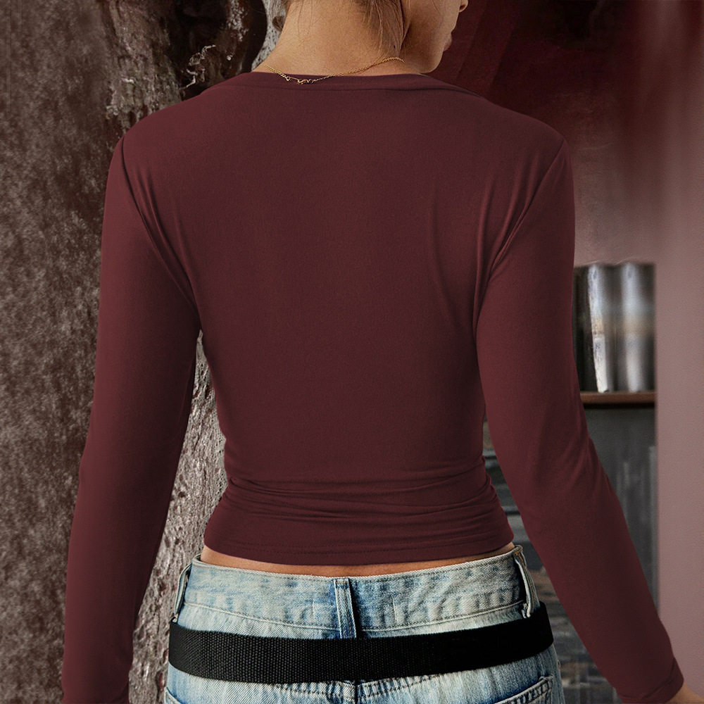 Vintage American Style Burgundy V Neck Stretch Fitted Top Long Sleeve Slim Fit Layering Essential Spring Summer