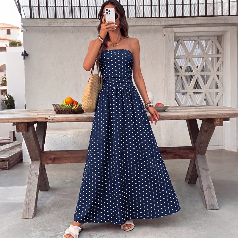 French Style Sleeveless Maxi Dress Polka Dot Design Elegant Vacation Wear Perfect for Summer Events Wholesale