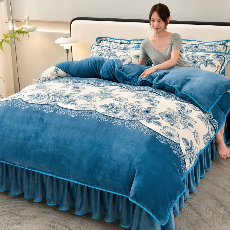 Winter Thickeneded Milk Velvet Four-Piece Bed Skirt Style Warm Quilt Cover Bed Sheets Double-Sided Velvet Three-Piece Set Fleece-Lined Four-Piece Set