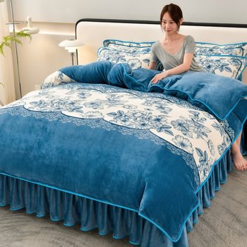 Winter Thickeneded Milk Velvet Four-Piece Bed Skirt Style Warm Quilt Cover Bed Sheets Double-Sided Velvet Three-Piece Set Fleece-Lined Four-Piece Set