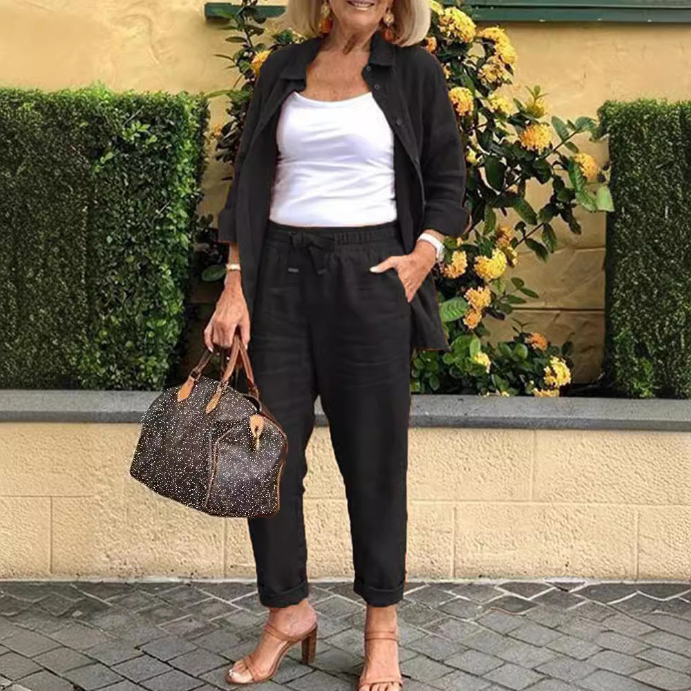 A Large Number of Spot Amazon Cross-Border 2025 Autum New Export Women's Pure Color Casual Suit Long-Sleeved Pants Two