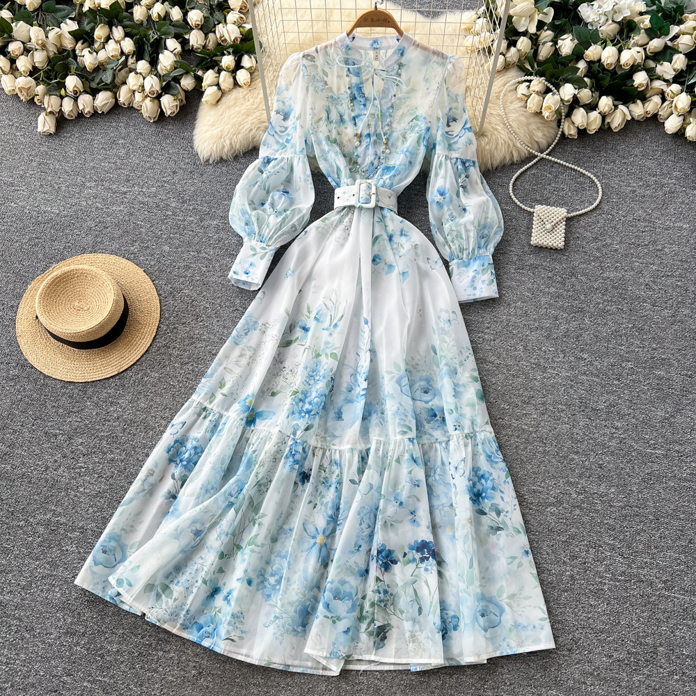 Floral Print A Line Dress with Rhinestone Accents Long Sleeve High Waist Elegant Style Spring Office Wear Wholesale