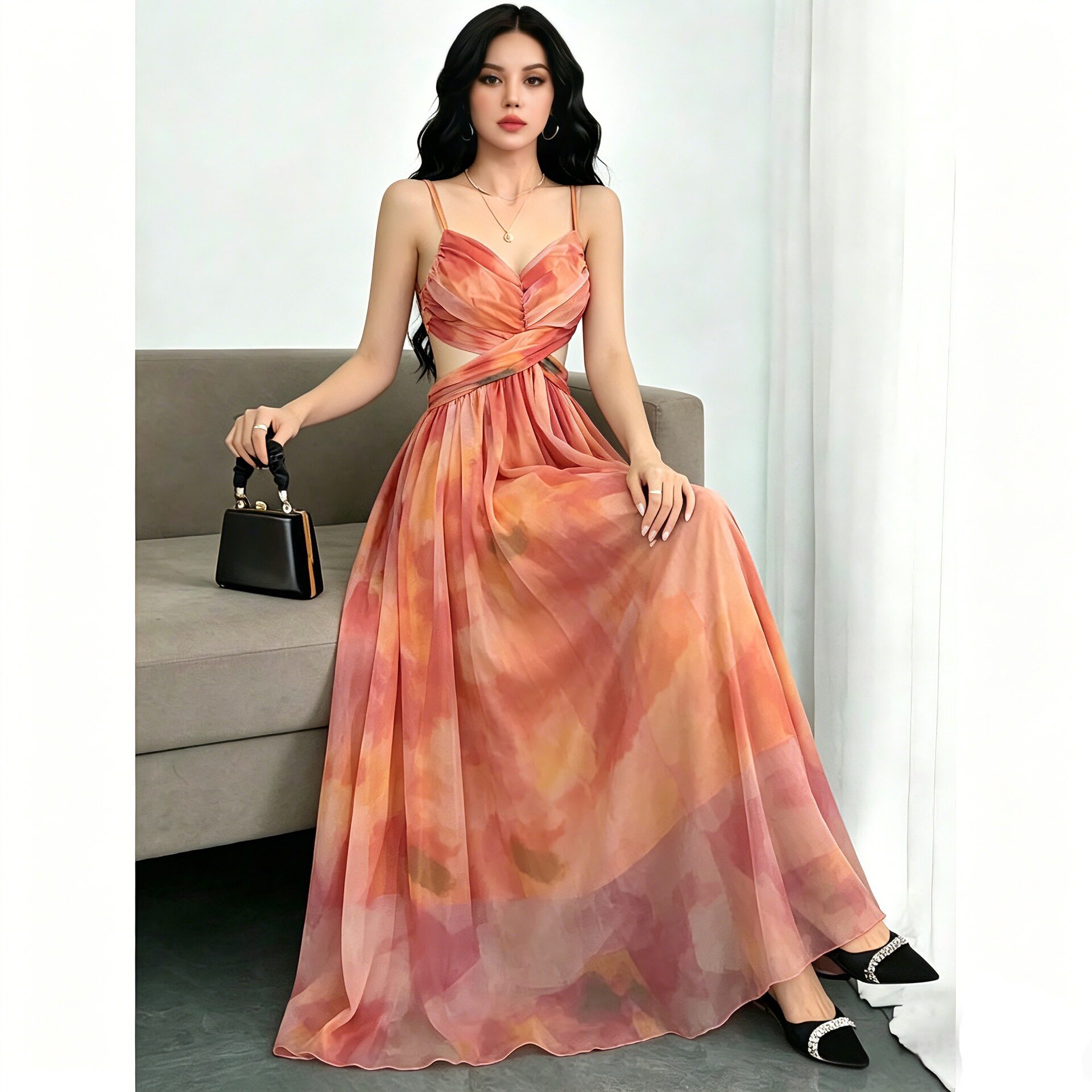 Orange Floral Print Maxi Dress Elegant Sleeveless Design Perfect for Beach Vacations Wholesale Available