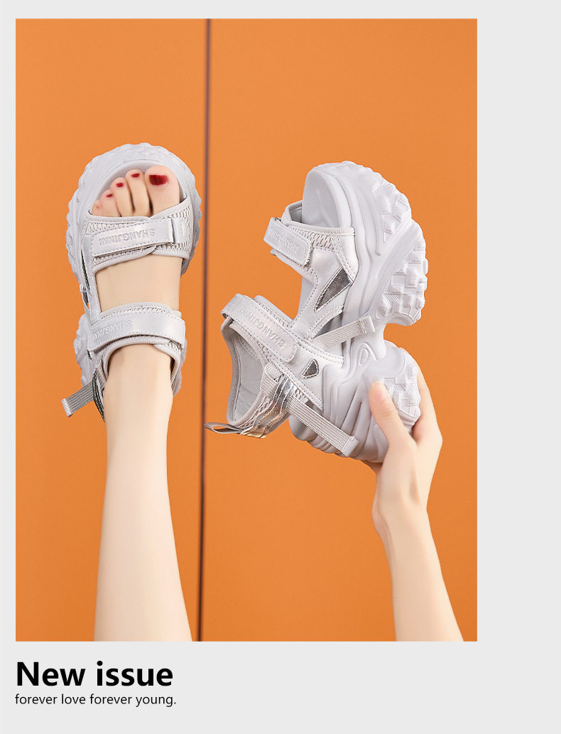 Dép sandal nữ xỏ ngón đế bệt mũi tròn quai Velcro phong cách Hàn Quốc — Trắng, Bạc chi tiết 12