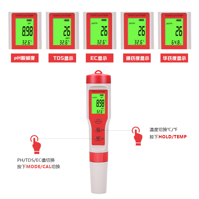 便携四合一水质检测笔tds酸度计便携式ph计测试笔ec温度检测meter - 图1