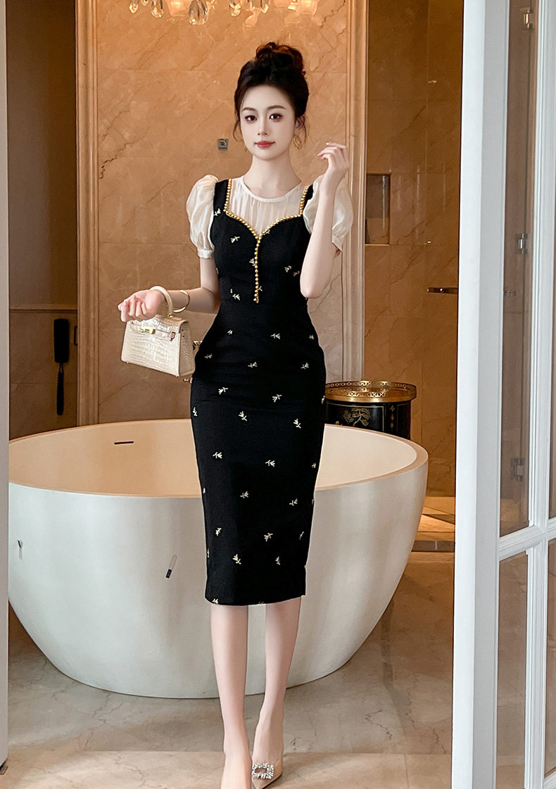 Đầm ôm body nữ cổ tròn tay bồng phong cách Pháp — [Đen] chi tiết 5