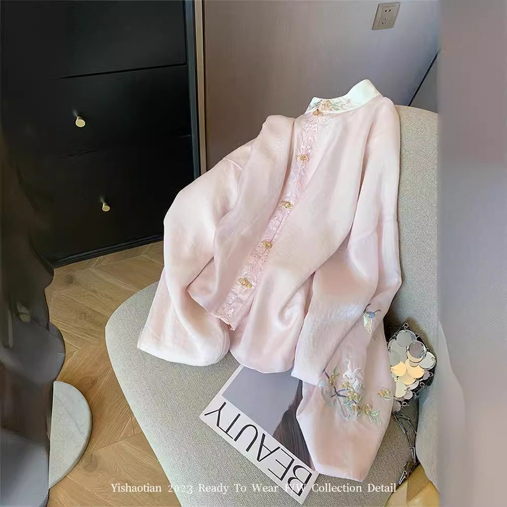 New Chinoiserie Pink Embroidered Stand-Up Collar Long-Sleeved Shirt for Women 2025 Spring & Fall National Style Gentle and Sweet Elegant Light Top