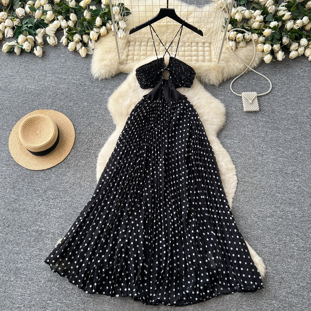 French Polka Dot Maxi Dress Sexy Backless V Neck Waist Defining Elegant Style Perfect for Evening Events