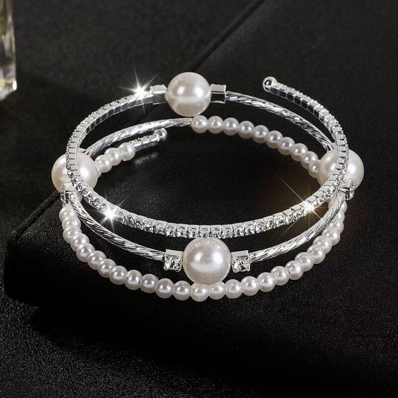 Cross-Border Popular Full Diamond Elastic Bracelet European and American 3-Layer Spring Bracelet Female Bride Pearl Crystal Rhinestone Bracelet