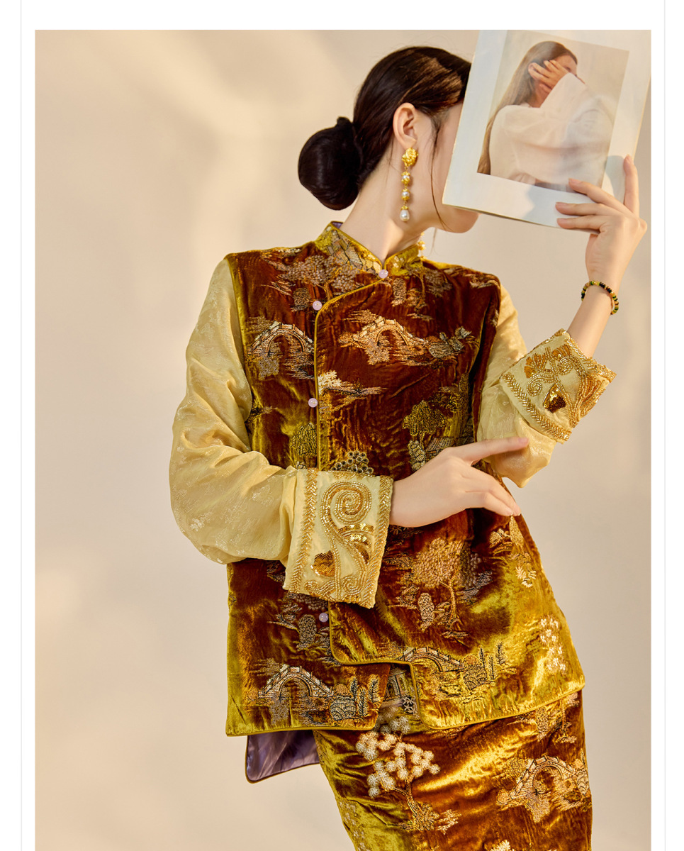 Set áo vest không tay thêu nổi kèm chân váy dài nữ — áo ghi lê, váy