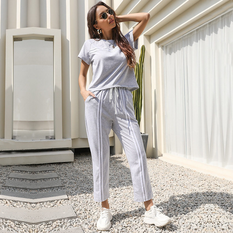 Two Piece Striped Casual Set Short Sleeve Round Neck Trendy Design Perfect for Summer Outings Wholesale Available