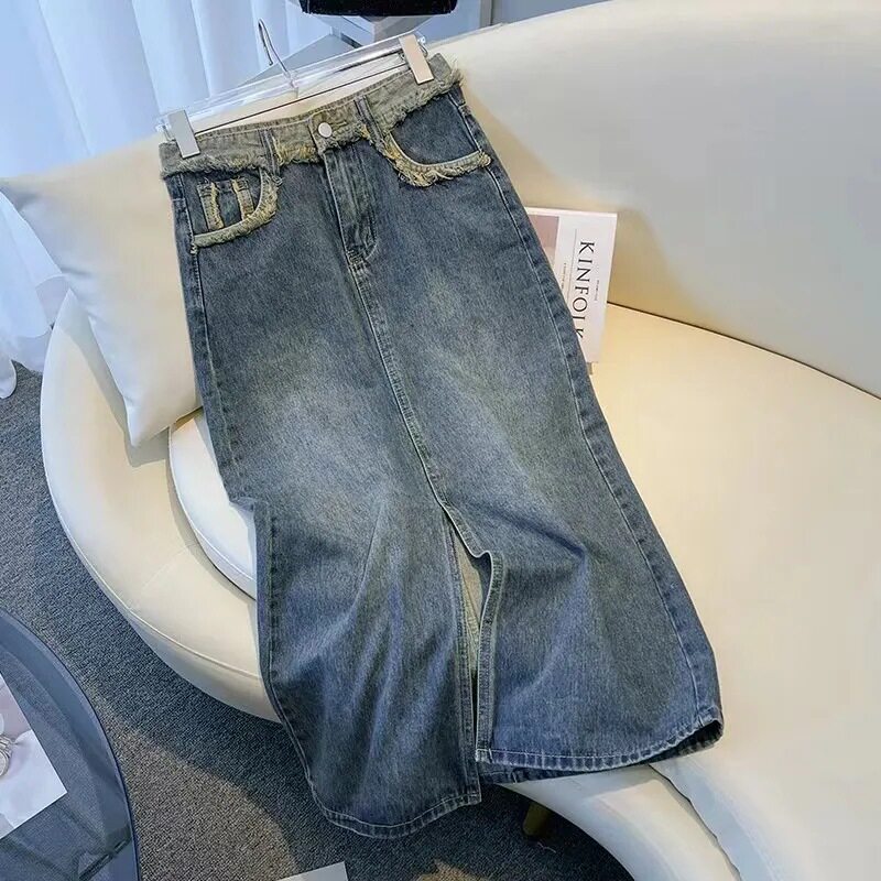 Fashionable Slim Fit High Waisted Denim Skirt Frayed Hem Side Slit Versatile Style Casual Wear Ready to Ship