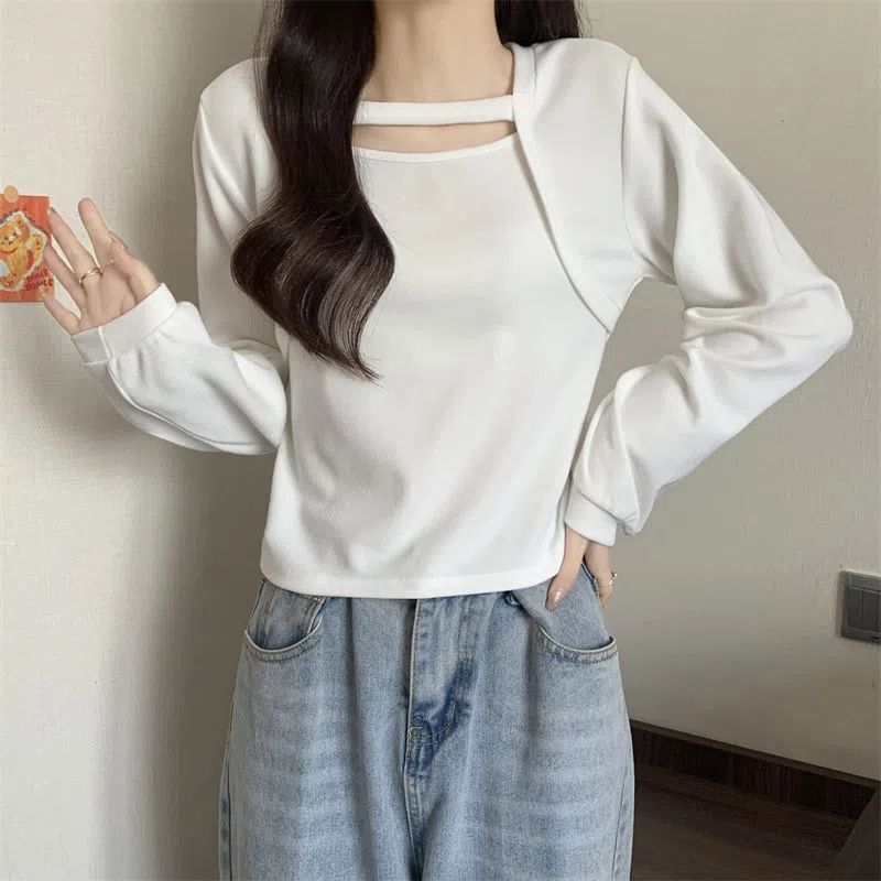 Plus Size Long Sleeve T Shirt for Women Hollow Design Slimming Fit Casual Spring Autumn Wear