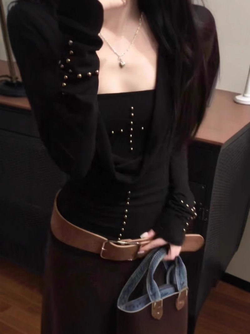 American-style Y2K Spice Girl Swing Collar Long-sleeved T-shirt Women's Spring and Autumn Black Slim-fit Rivet Top Stacked Tube Top Two-piece Suit