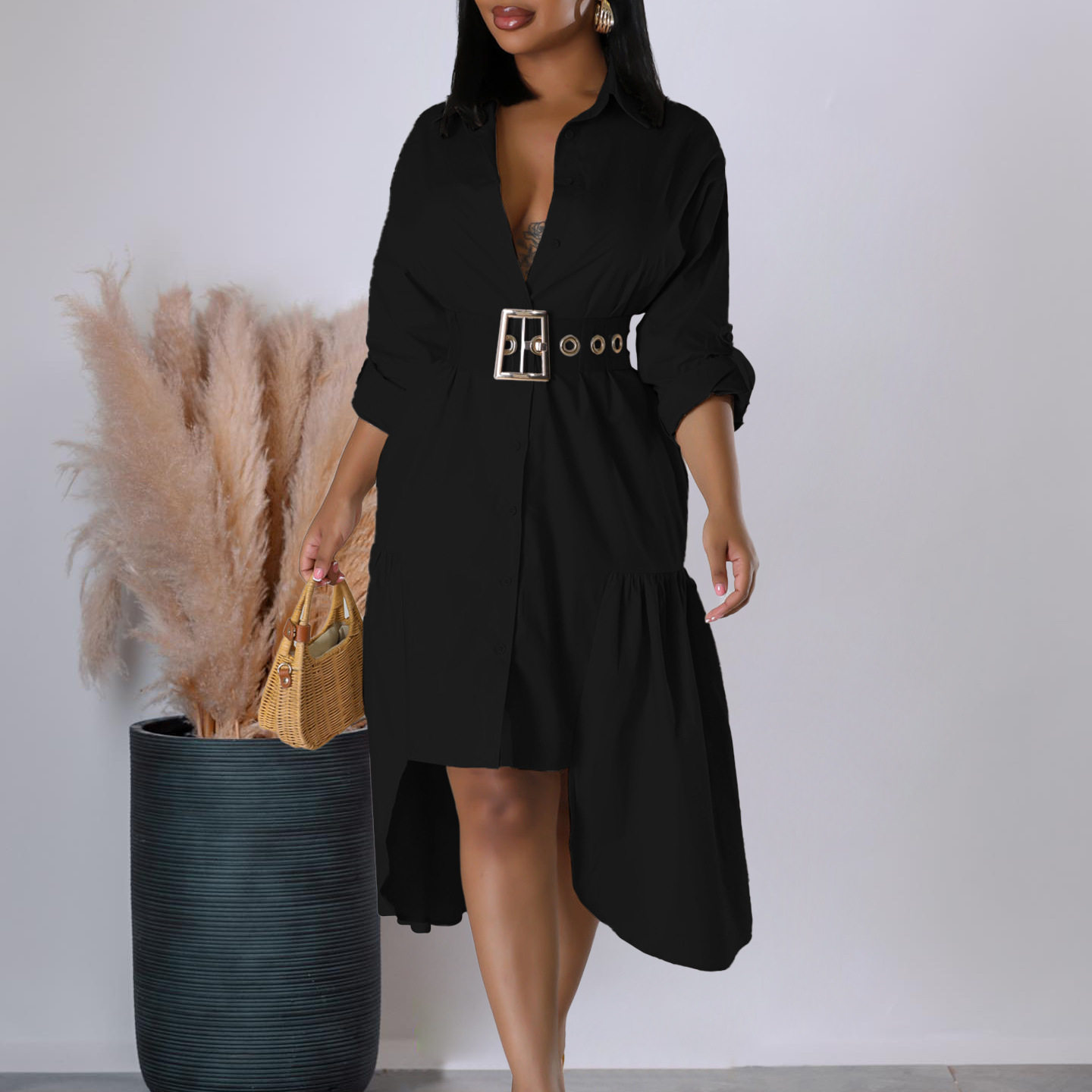 Womens Button Up Shirt Dress Solid Color Loose Fit Stylish Design Irregular Hem Casual Wear for Everyday Use