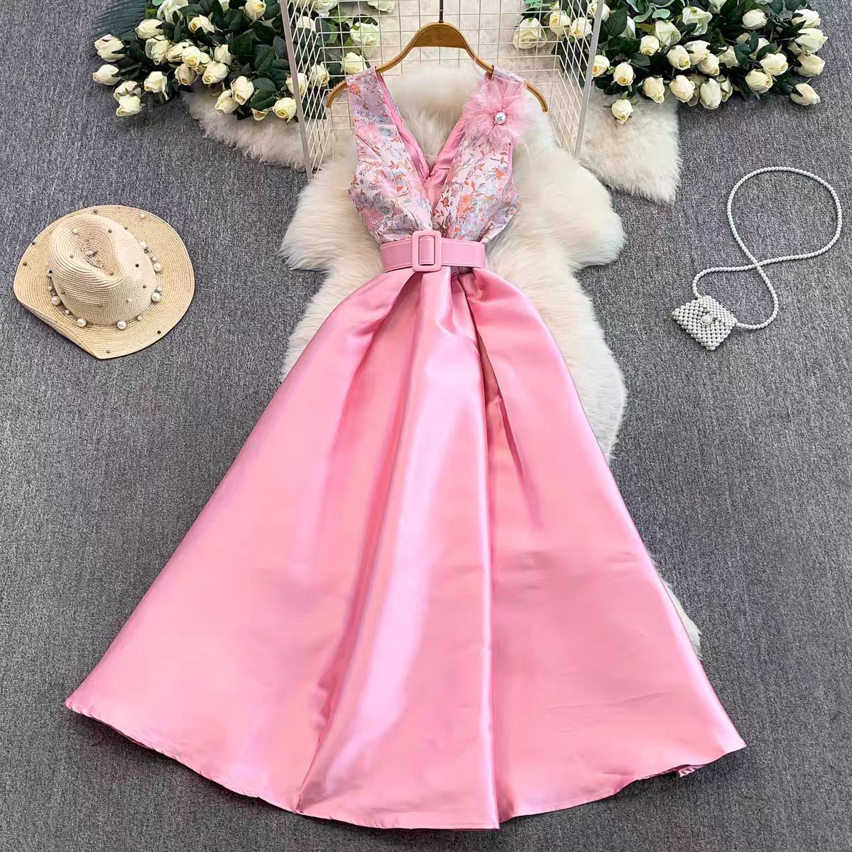 Pink Satin A Line Sleeveless Dress High Waist Flattering Fit Flared Skirt Elegant Spring Occasion Wear Wholesale