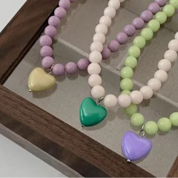 2025 Korean Pink Beaded Heart Necklace Internet Celebrity Sweet and Cute Girly Style Peach Heart Clavicle Chain Versatile Necklace