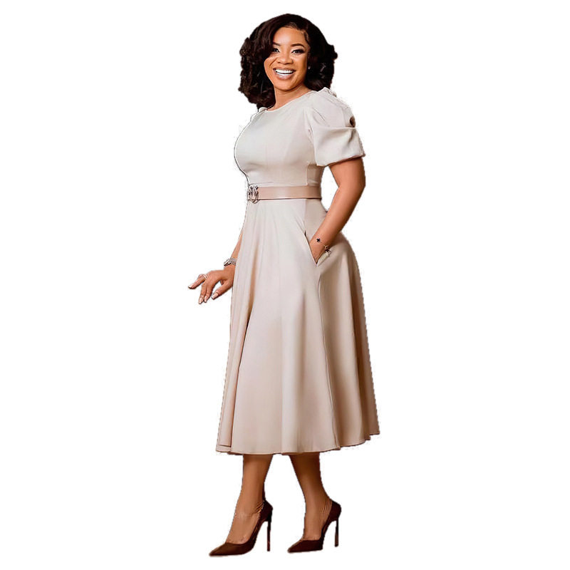 Elegant A Line Dress with Puff Sleeves Round Neck Waist Defined Flowy Skirt Perfect for Parties and Events