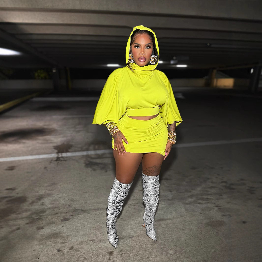 GL602 European and American Cross-border Spring and Summer Hooded Bubble Sleeve Navel Short Top Waist Pleated Bag Skirt Two-piece Suit