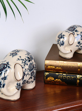 新中式描金青花复古子母大象陶瓷摆件小众客厅创意大象招财摆件