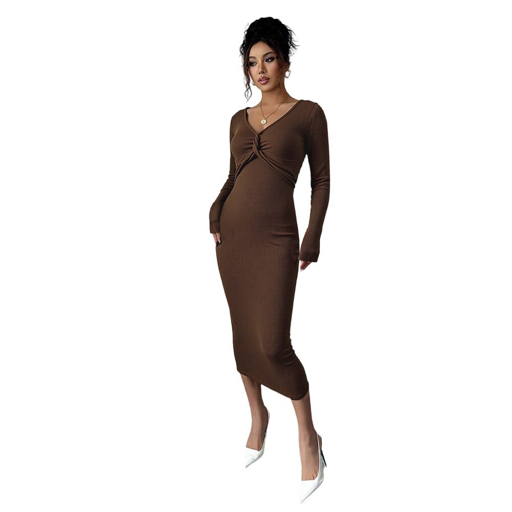 Brown V Neck Midi Dress for Women Twist Front Design Slim Fit Three Quarter Sleeves Spring and Autumn Office Wear
