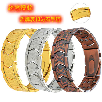 European and American Popular Antique Red Copper Shield Strap Buckle Three-Row Magnet Bracelet Retro Fashion Wide Version Fish Scale Pattern Bracelet for Men